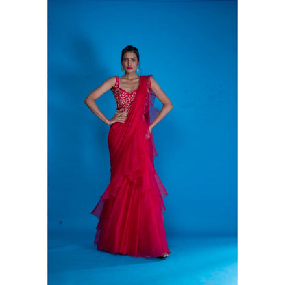 Asaga Rani Embroidered Silk Stitched Blouse with Pre Draped Saree with Belt (Set of 4)