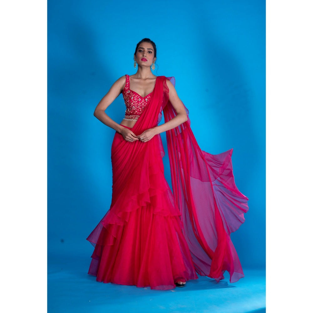 Asaga Rani Embroidered Silk Stitched Blouse with Pre Draped Saree with Belt (Set of 4)