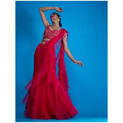 Asaga Rani Embroidered Silk Stitched Blouse with Pre Draped Saree with Belt (Set of 4)