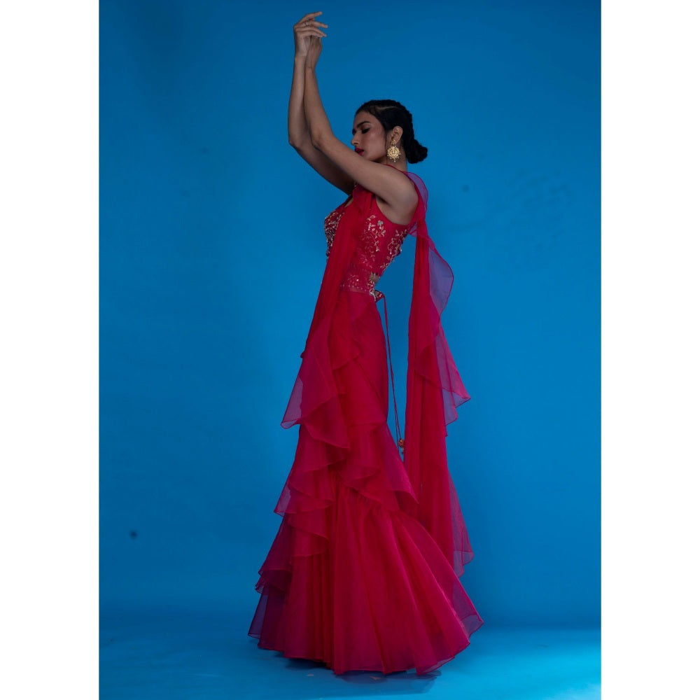 Asaga Rani Embroidered Silk Stitched Blouse with Pre Draped Saree with Belt (Set of 4)