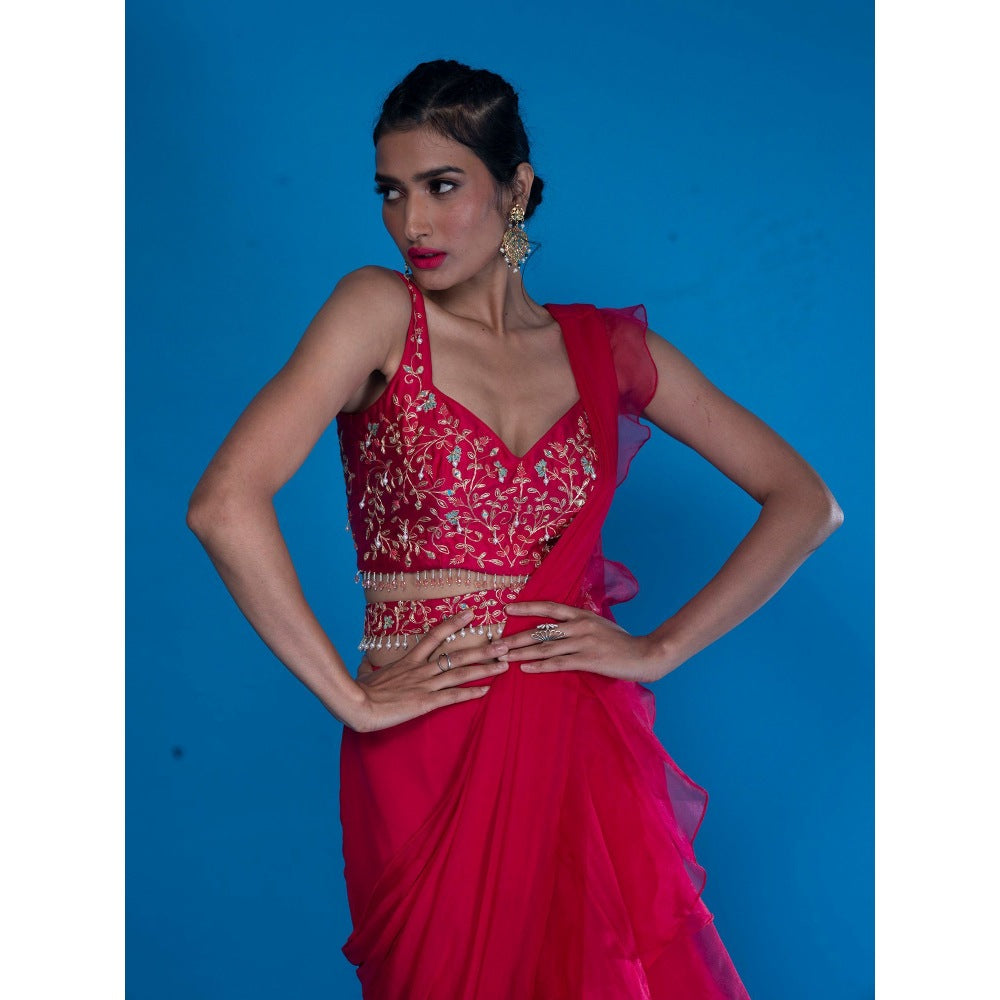 Asaga Rani Embroidered Silk Stitched Blouse with Pre Draped Saree with Belt (Set of 4)