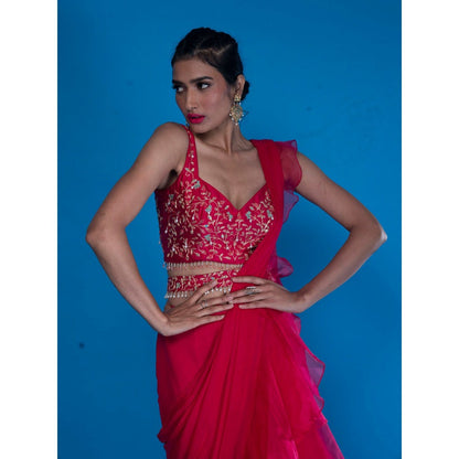 Asaga Rani Embroidered Silk Stitched Blouse with Pre Draped Saree with Belt (Set of 4)