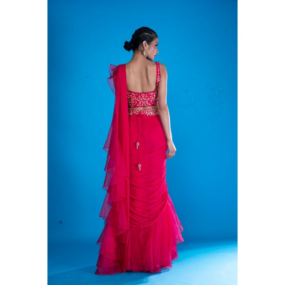 Asaga Rani Embroidered Silk Stitched Blouse with Pre Draped Saree with Belt (Set of 4)