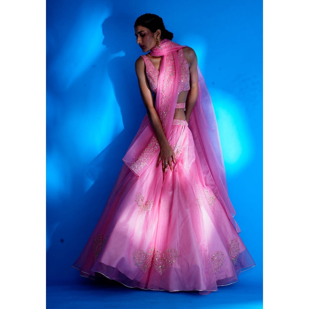 Asaga Baby Pink Embroidered Stitched Blouse- Lehenga and Dupatta with Belt (Set of 4)