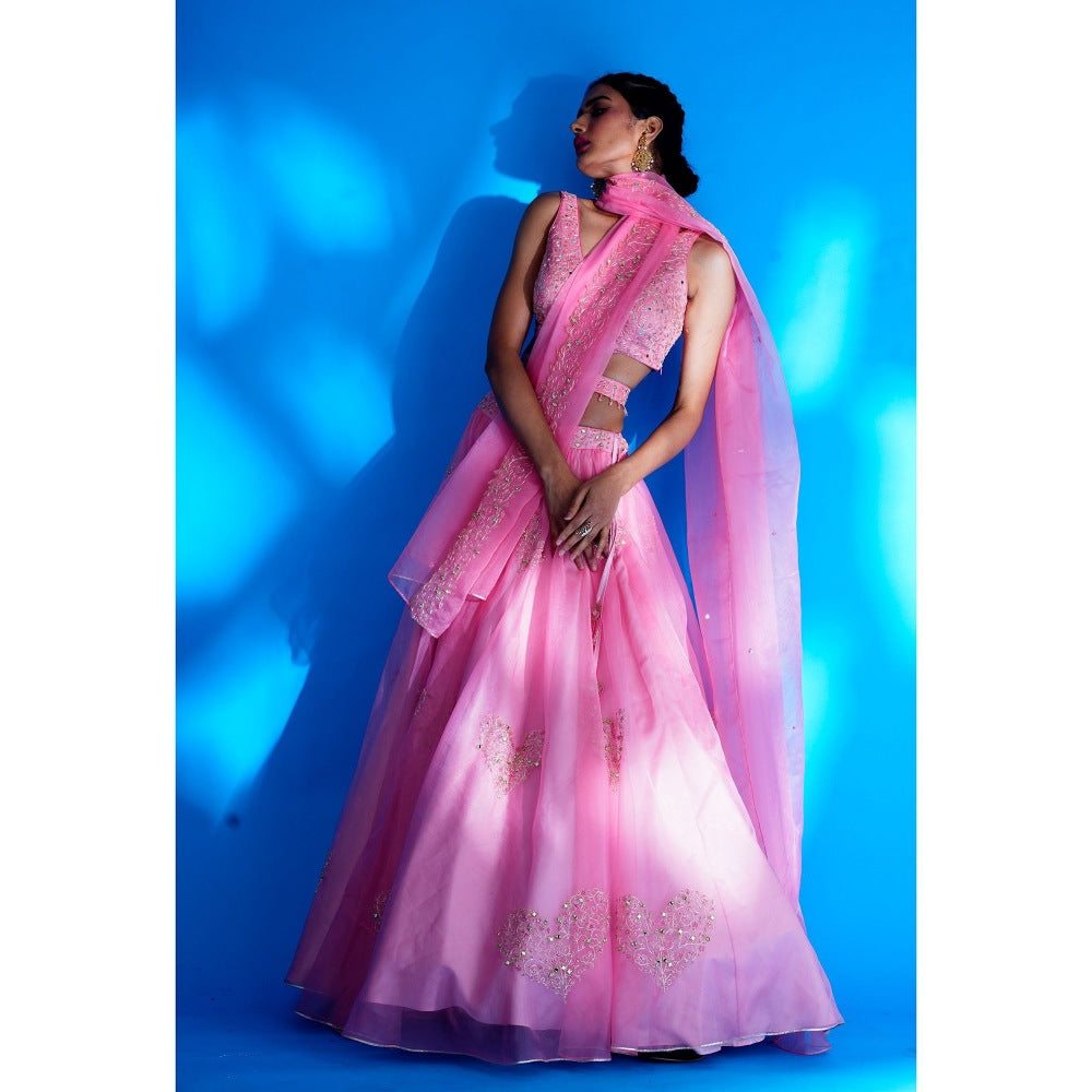 Asaga Baby Pink Embroidered Stitched Blouse- Lehenga and Dupatta with Belt (Set of 4)