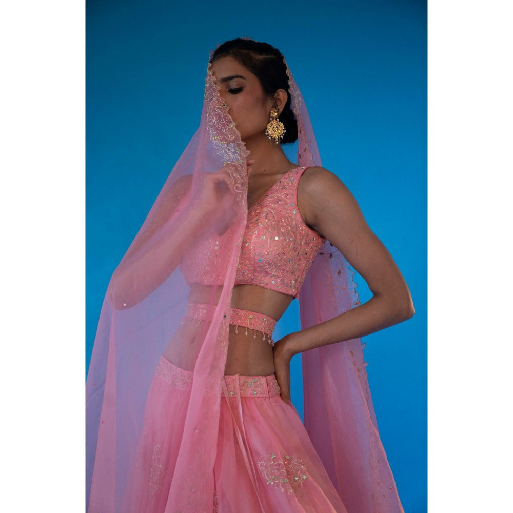 Asaga Baby Pink Embroidered Stitched Blouse- Lehenga and Dupatta with Belt (Set of 4)