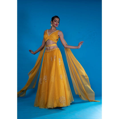 Asaga Mustard Embroidered Lehenga- Stitched Blouse with Dupatta and Belt (Set of 4)