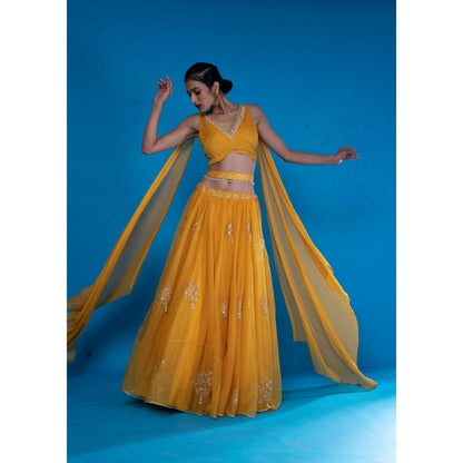 Asaga Mustard Embroidered Lehenga- Stitched Blouse with Dupatta and Belt (Set of 4)