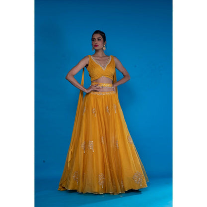 Asaga Mustard Embroidered Lehenga- Stitched Blouse with Dupatta and Belt (Set of 4)