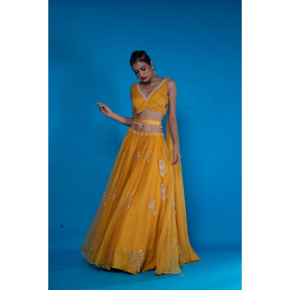 Asaga Mustard Embroidered Lehenga- Stitched Blouse with Dupatta and Belt (Set of 4)