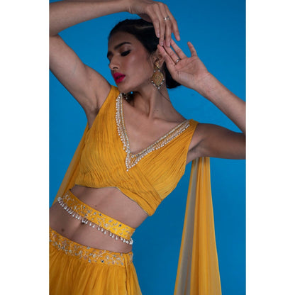 Asaga Mustard Embroidered Lehenga- Stitched Blouse with Dupatta and Belt (Set of 4)
