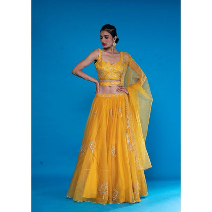 Asaga Mustard Embroidered Stitched Blouse- Lehenga Paired with Dupatta and Belt (Set of 4)