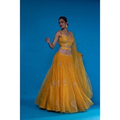 Asaga Mustard Embroidered Stitched Blouse- Lehenga Paired with Dupatta and Belt (Set of 4)