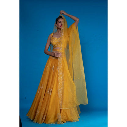 Asaga Mustard Embroidered Stitched Blouse- Lehenga Paired with Dupatta and Belt (Set of 4)