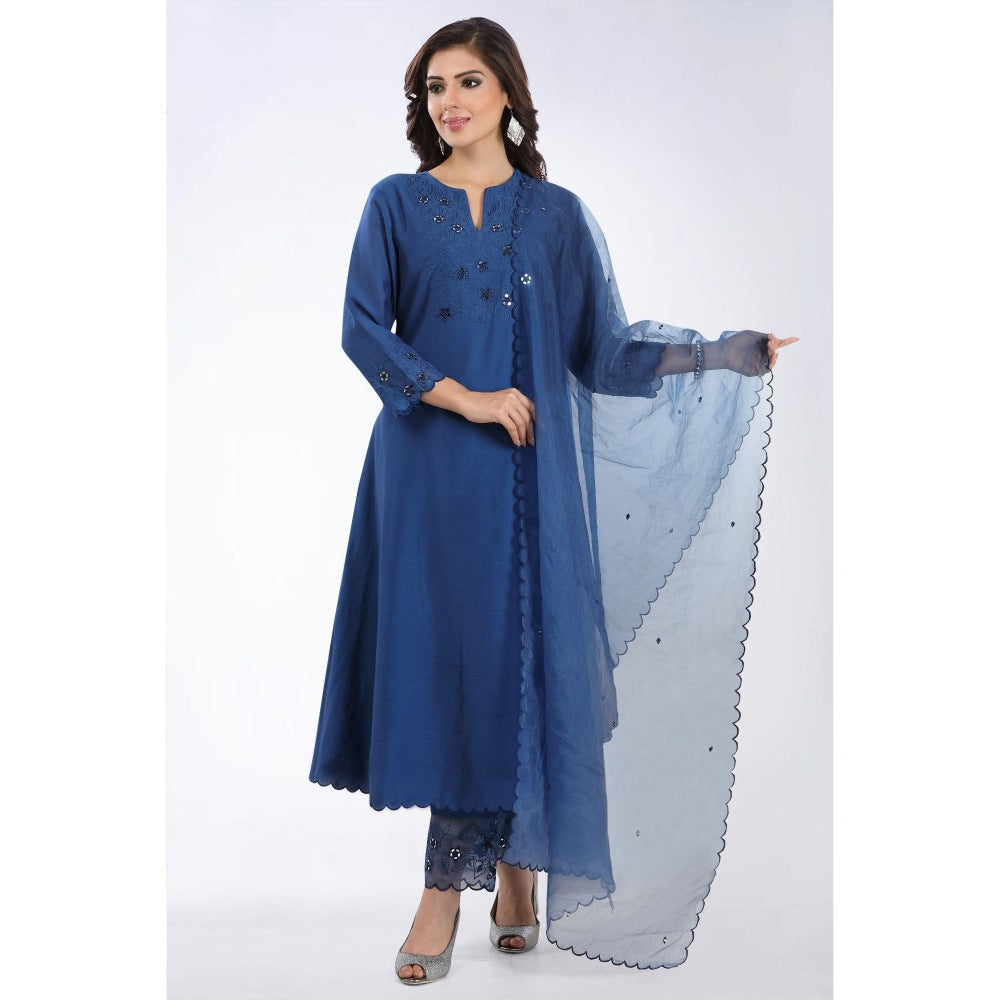 Asaga Zohra Navy Blue Embroidered Kurta and Pant with Organza Dupatta (Set of 3)