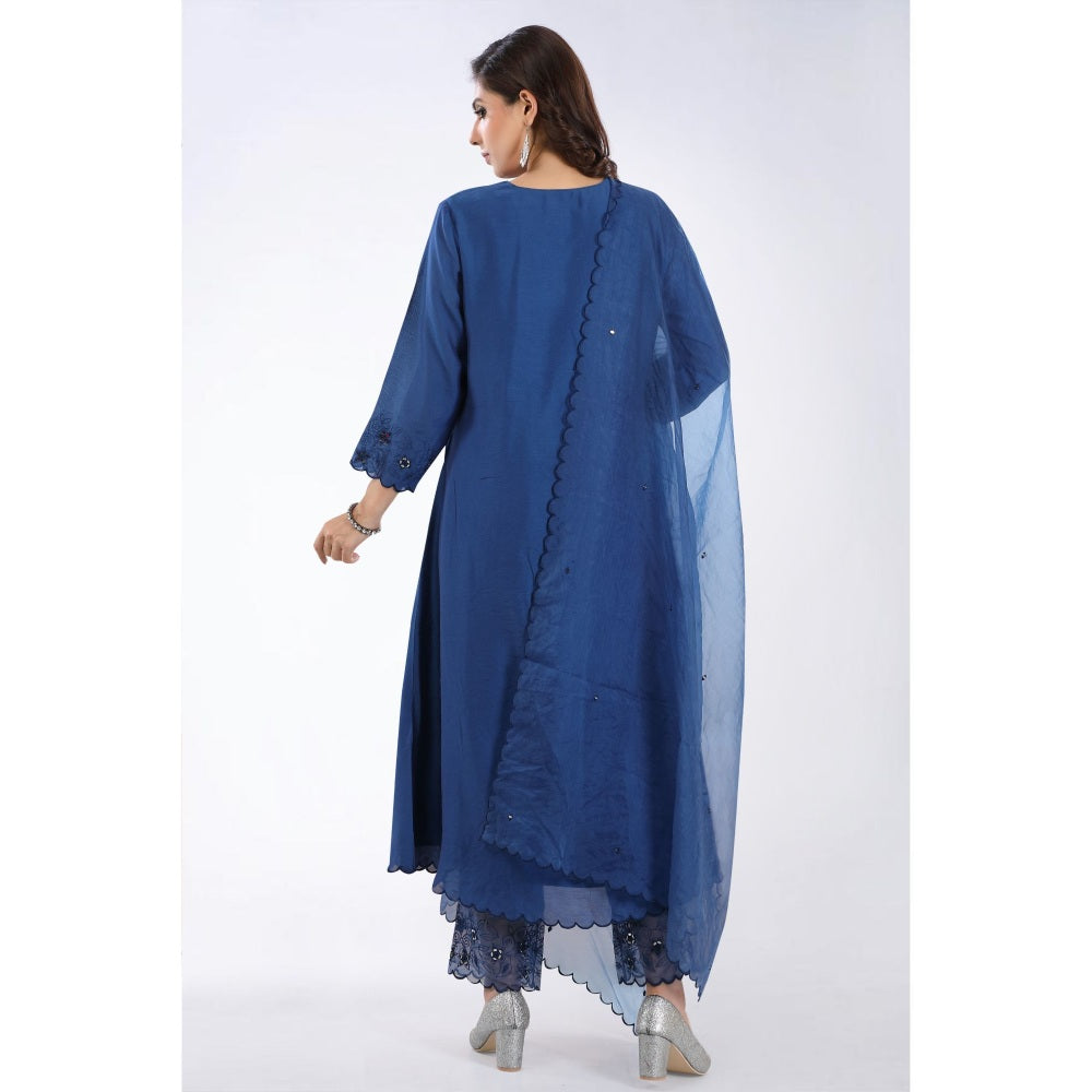 Asaga Zohra Navy Blue Embroidered Kurta and Pant with Organza Dupatta (Set of 3)