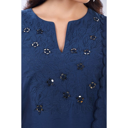 Asaga Zohra Navy Blue Embroidered Kurta and Pant with Organza Dupatta (Set of 3)