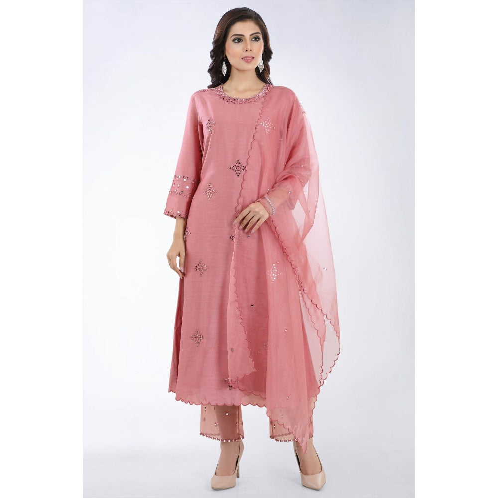 Asaga Gauhar Pink Embroidered Kurta and Pant with Organza Dupatta (Set of 3)