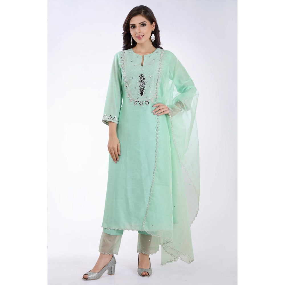 Asaga Shama Mint Embroidered Chanderi Kurta with Pants and Organza Dupatta (Set of 3)