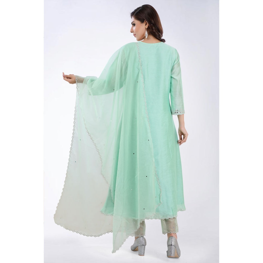 Asaga Shama Mint Embroidered Chanderi Kurta with Pants and Organza Dupatta (Set of 3)