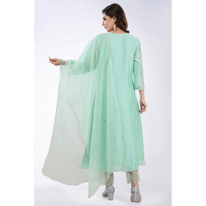 Asaga Shama Mint Embroidered Chanderi Kurta with Pants and Organza Dupatta (Set of 3)