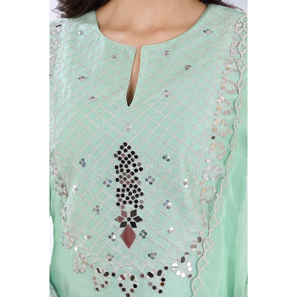 Asaga Shama Mint Embroidered Chanderi Kurta with Pants and Organza Dupatta (Set of 3)