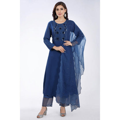 Asaga Neel Navy Blue Embroidered Chanderi Kurta with Pants and Organza Dupatta (Set of 3)