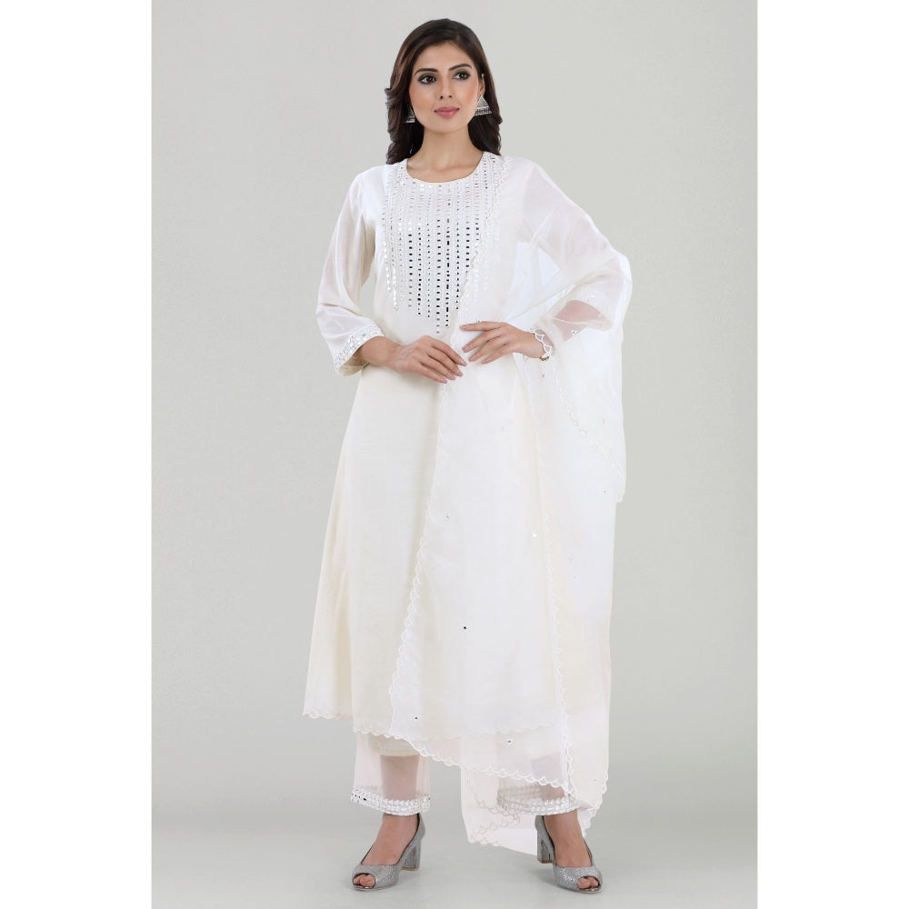 Asaga Jhanjhar Off White Embroidered Chanderi Kurta with Pants and Organza Dupatta (Set of 3)