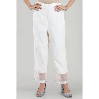 Asaga Jhanjhar Off White Embroidered Chanderi Kurta with Pants and Organza Dupatta (Set of 3)