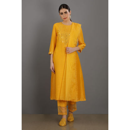 Asaga Yahya Mustard Embroidered Chanderi Silk Kurta with Pants and Organza Dupatta (Set of 3)