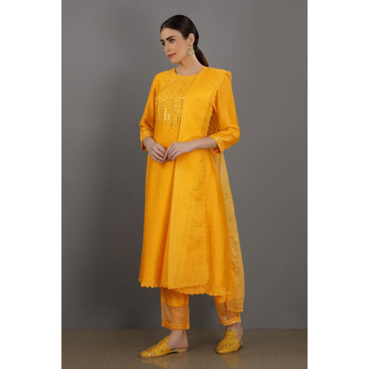 Asaga Yahya Mustard Embroidered Chanderi Silk Kurta with Pants and Organza Dupatta (Set of 3)