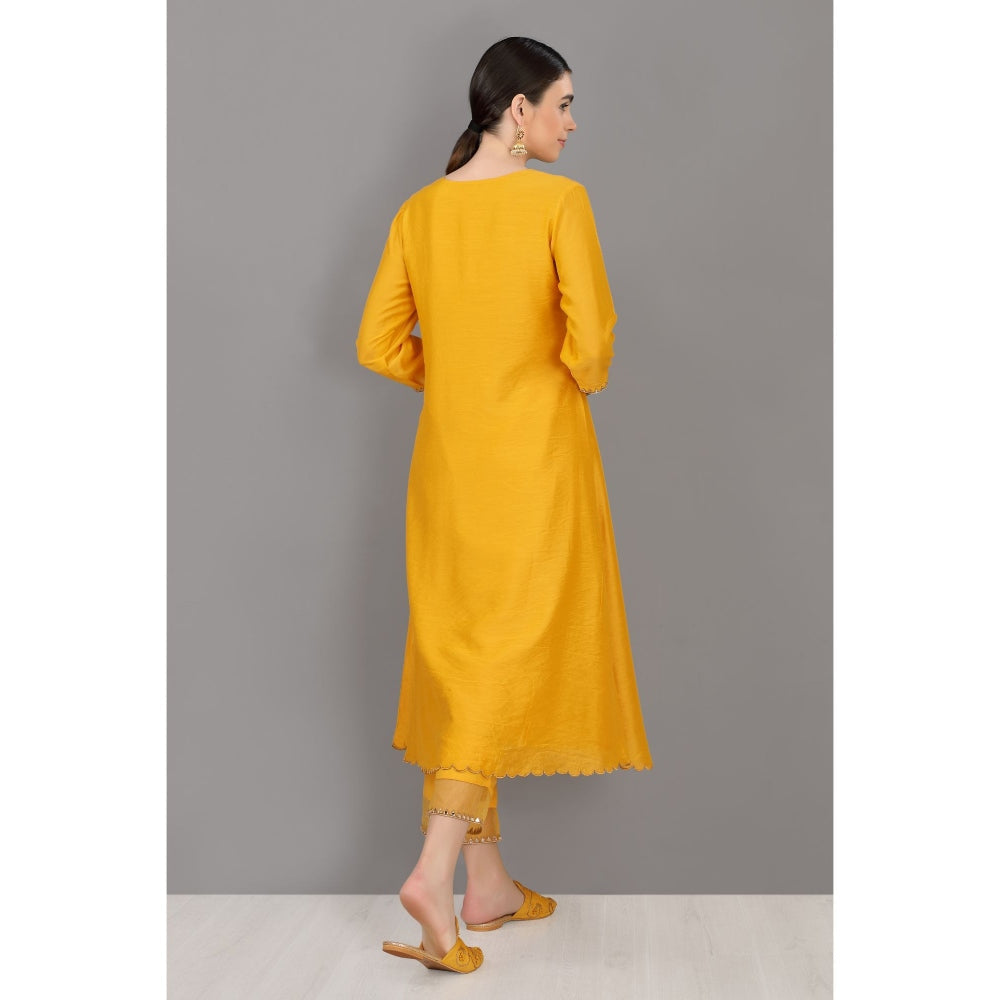 Asaga Asma Mustard Embroidered Chanderi Silk Kurta with Pants and Organza Dupatta (Set of 3)