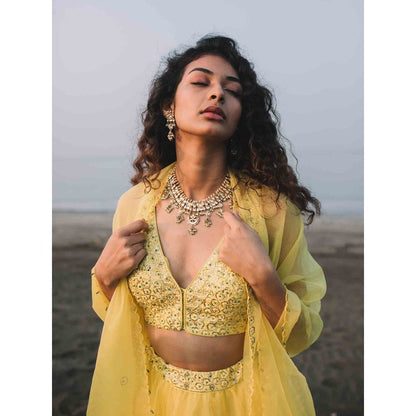 Asaga Lemon Embroidered Stitched Blouse-Lehenga with Organza Dupatta and Belt (Set of 4)