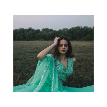Asaga Mint Embroidered Stitched Blouse and Lehenga Paired with Organza Dupatta (Set of 3)