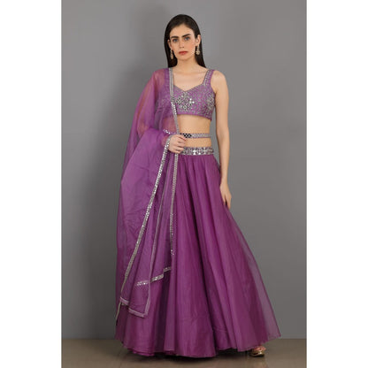 Asaga Lilac Embroidered Stitched Blouse- Lehenga with Dupatta and Belt (Set of 4)