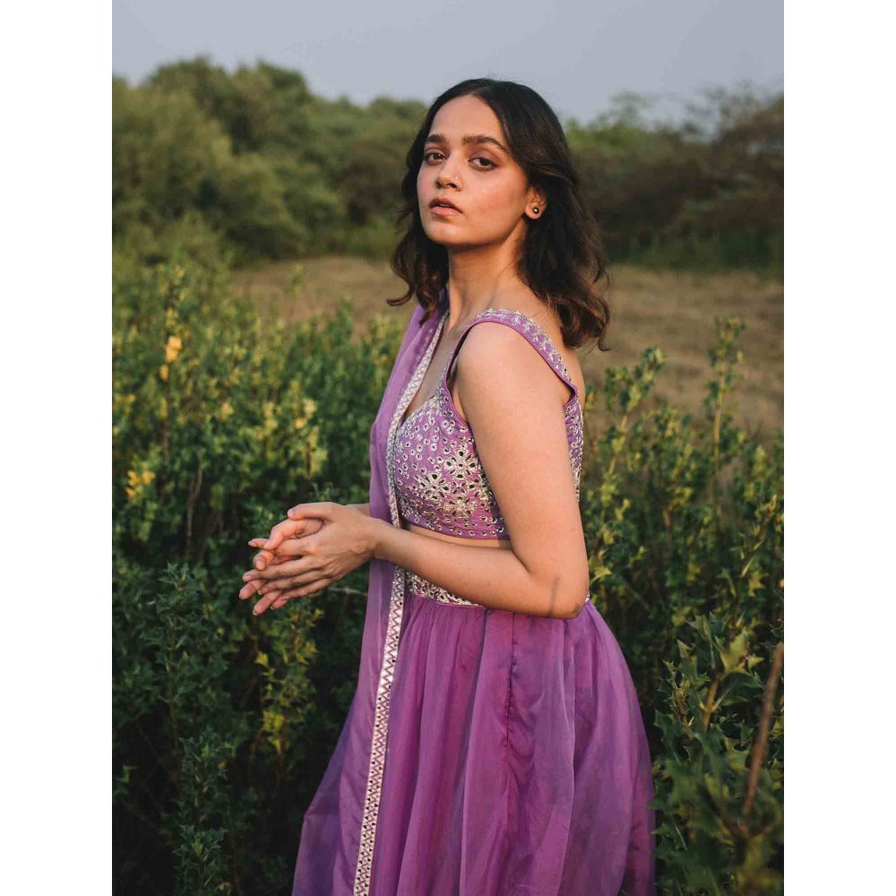 Asaga Lilac Embroidered Stitched Blouse- Lehenga with Dupatta and Belt (Set of 4)