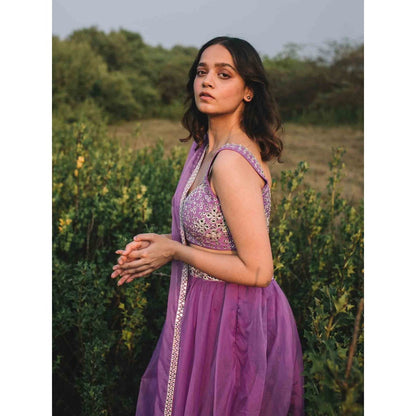 Asaga Lilac Embroidered Stitched Blouse- Lehenga with Dupatta and Belt (Set of 4)