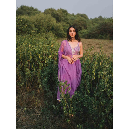 Asaga Lilac Embroidered Stitched Blouse- Lehenga with Dupatta and Belt (Set of 4)
