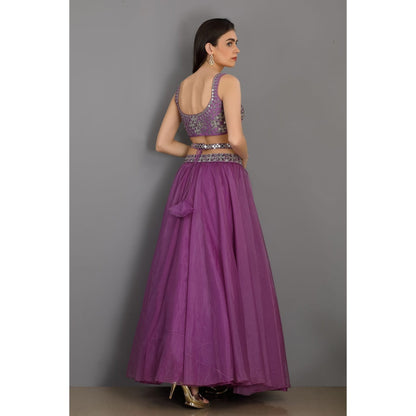 Asaga Lilac Embroidered Stitched Blouse- Lehenga with Dupatta and Belt (Set of 4)
