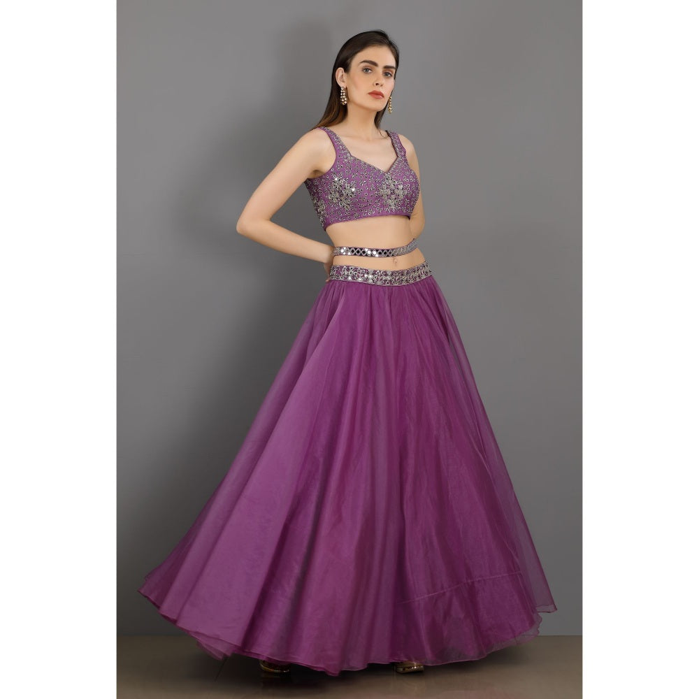 Asaga Lilac Embroidered Stitched Blouse- Lehenga with Dupatta and Belt (Set of 4)