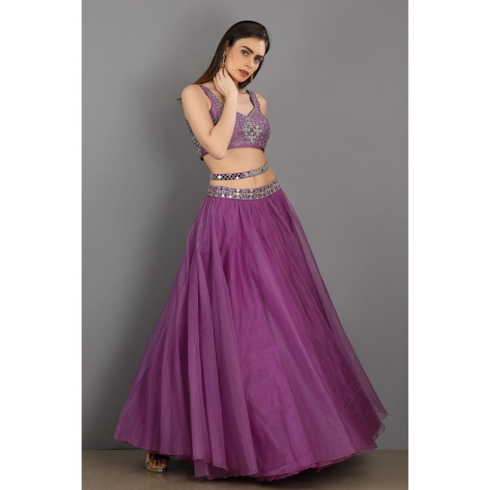 Asaga Lilac Embroidered Stitched Blouse- Lehenga with Dupatta and Belt (Set of 4)