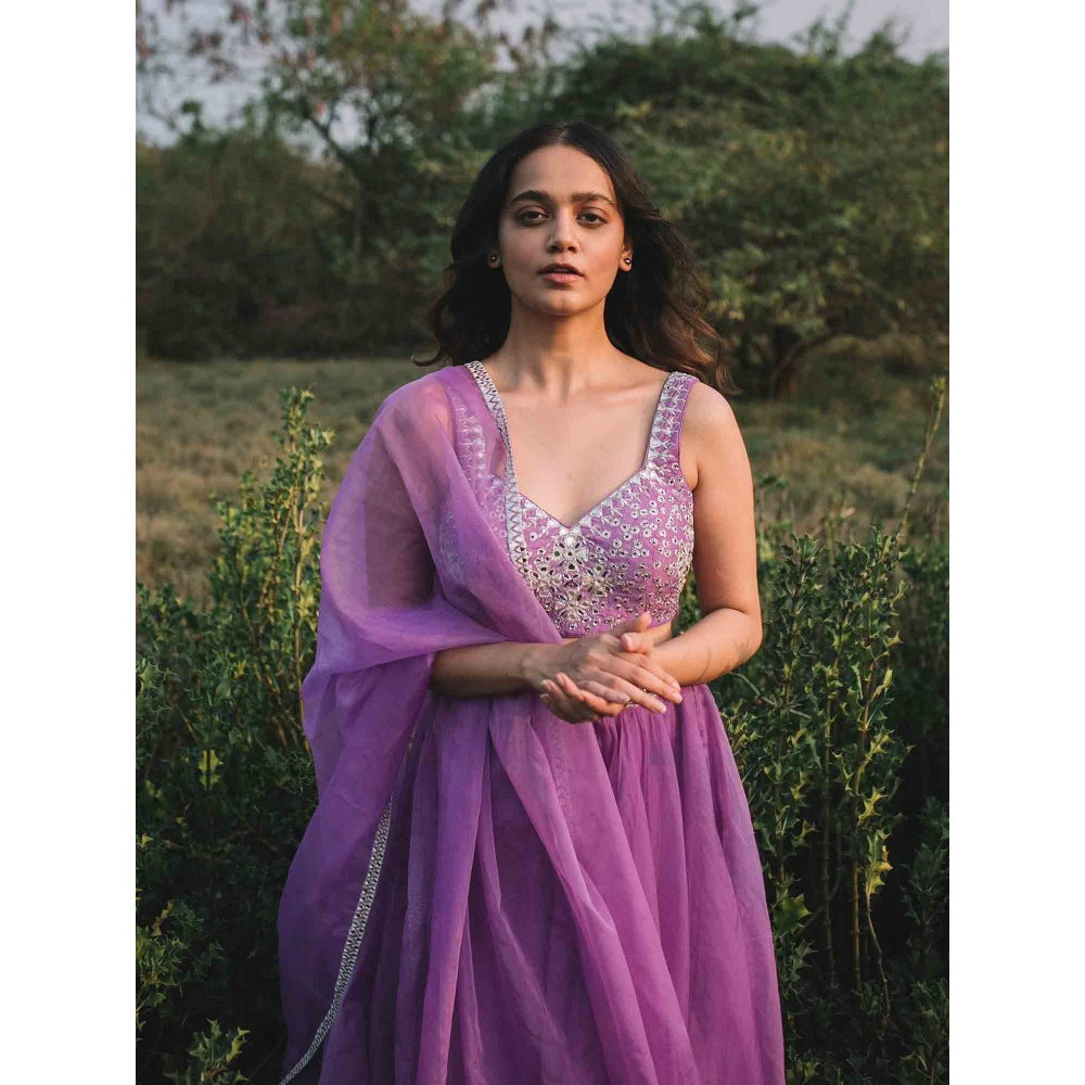 Asaga Lilac Embroidered Stitched Blouse- Lehenga with Dupatta and Belt (Set of 4)