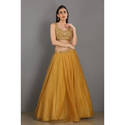 Asaga Gold Embroidered Stitched Blouse- Lehenga Paired with Organza Dupatta (Set of 3)