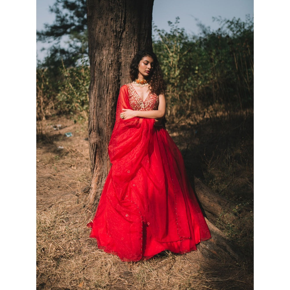 Asaga Red Embroidered Stitched Blouse- Lehenga Paired with Organza Dupatta (Set of 3)