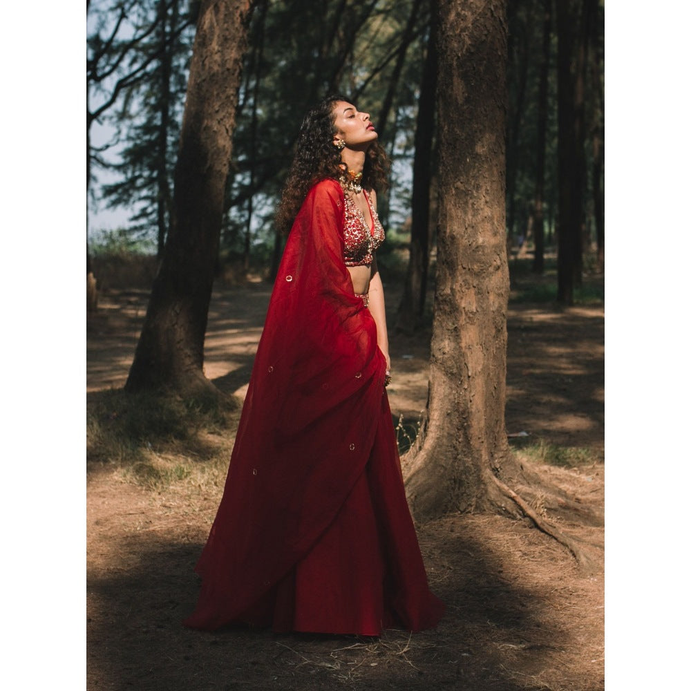 Asaga Red Embroidered Stitched Blouse- Lehenga Paired with Organza Dupatta (Set of 3)