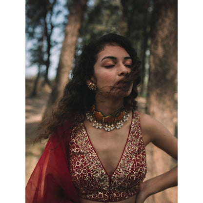 Asaga Red Embroidered Stitched Blouse- Lehenga Paired with Organza Dupatta (Set of 3)