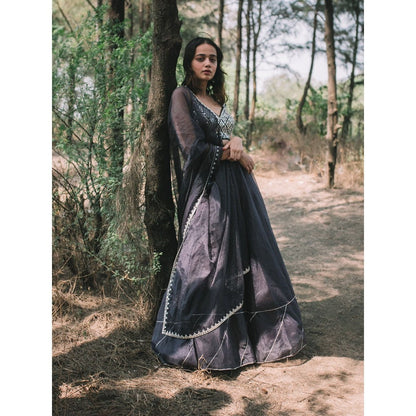 Asaga Inkwell Embroidered Stitched Blouse- Lehenga with Organza Dupatta (Set of 3)