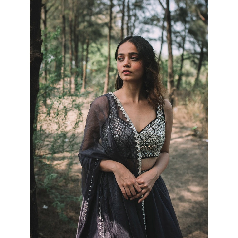 Asaga Inkwell Embroidered Stitched Blouse- Lehenga with Organza Dupatta (Set of 3)