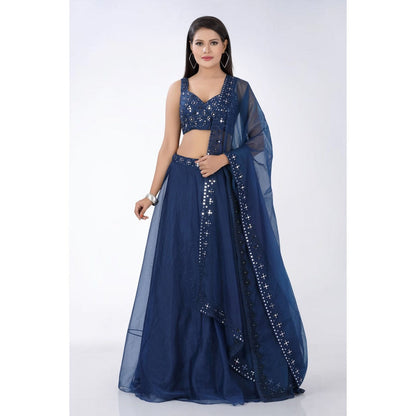 Asaga Navy Blue Embroidered Stitched Blouse- Lehenga with Organza Dupatta (Set of 3)