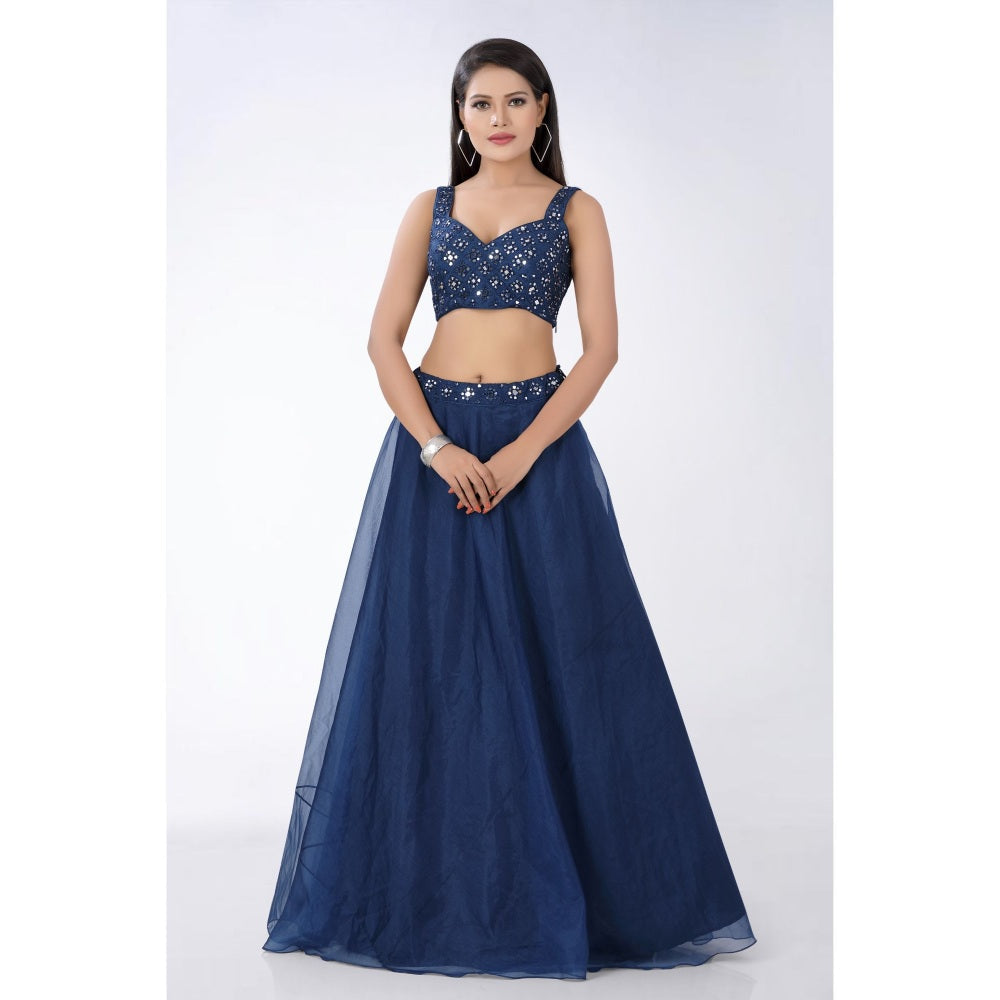 Asaga Navy Blue Embroidered Stitched Blouse- Lehenga with Organza Dupatta (Set of 3)